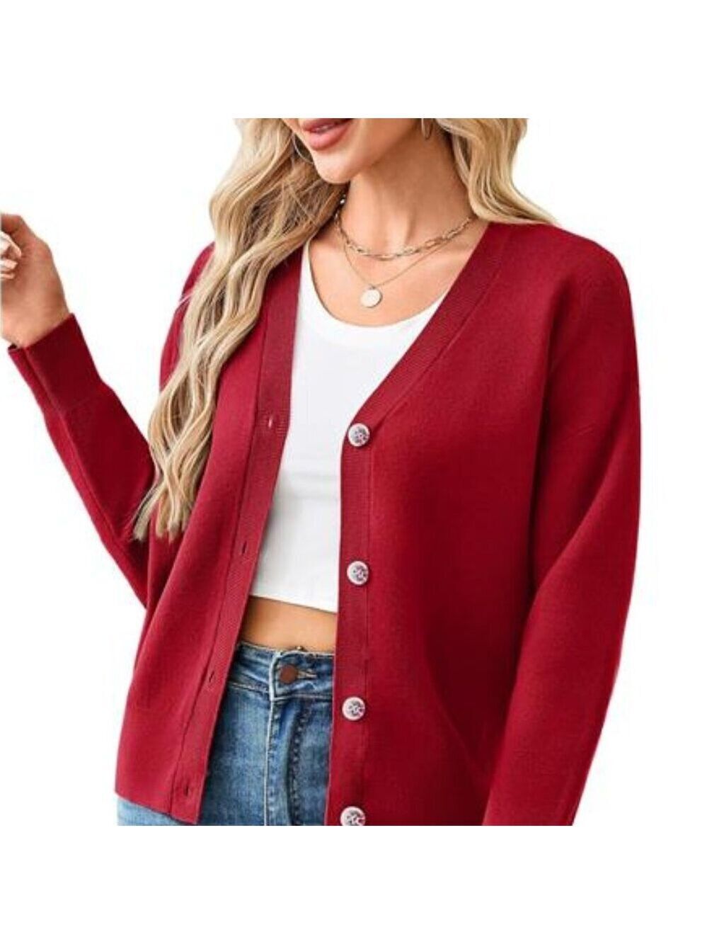 Women's red V Neck Long Sleeve Open Front Chunky Cardigan Fall Knitted